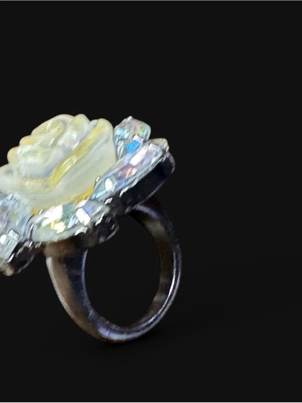 Yellow Rose sparkle Statement Ring - Women Jewelry rhinestones silver tone